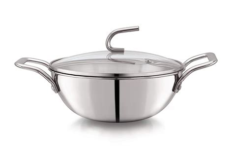 KooK Triply Stainless Steel Deep Kadai with Glass Lid and Steel Lid, 26 ...