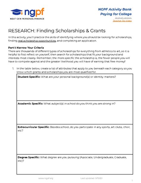 Research Finding Scholarships & Grants - NGPF Activity Bank Paying for ...