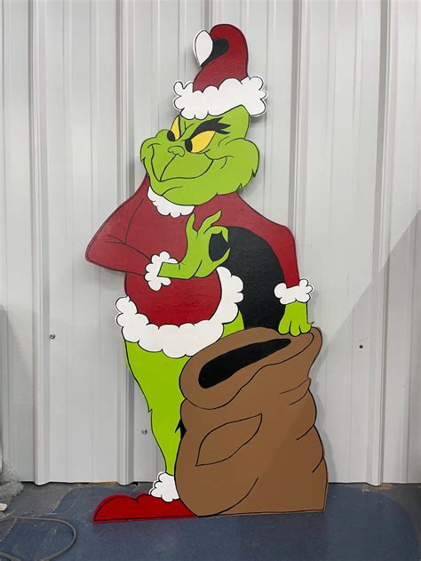 Hand Painted Wooden Yard Art - Grinch Stealing Presents with Bag - Out ...