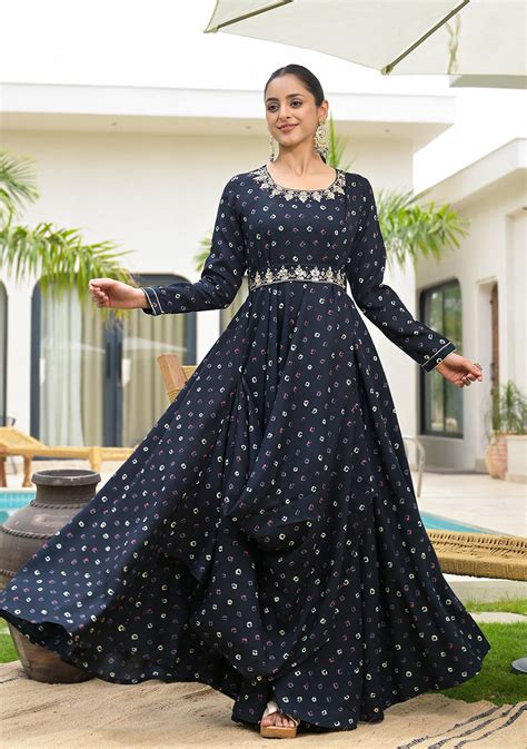 Navy Blue Bandhani Print Flared Long Dress with Belt