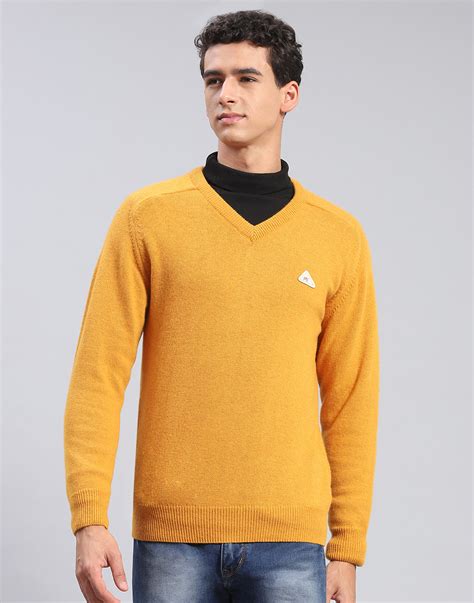 Buy Men Mustard Solid V Neck Full Sleeve Pullover Online in India ...