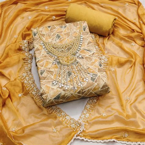 Mustard Geometric Printed With Handwork Pure Cotton Dress Material