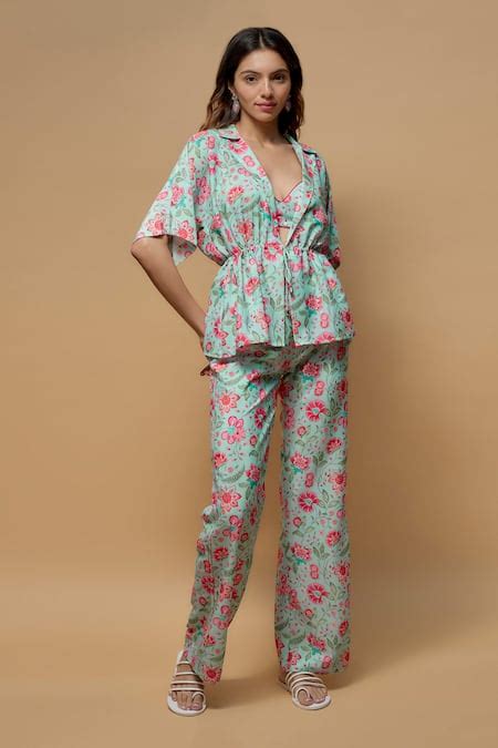 Buy Blue Crepe Embroidery Collared Phool Bagh Print Top Pant Set For ...