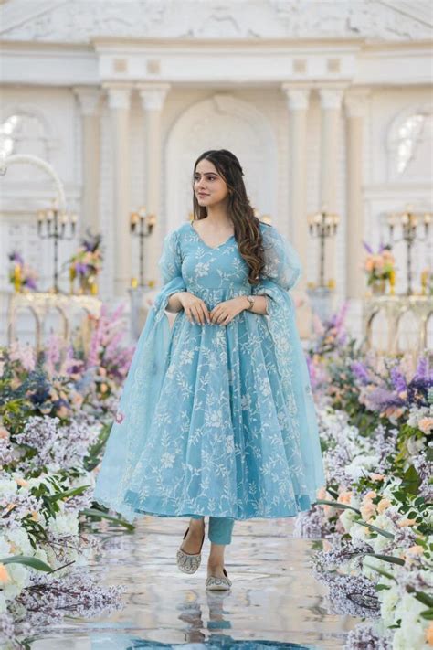 Sky Blue Color Organza Silk Thread Work Anarkali Suit – Amrutamfab