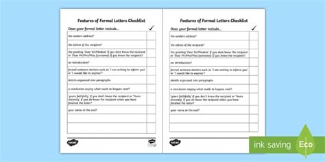 Features Of A Formal Letter KS2 | Checklist - Twinkl