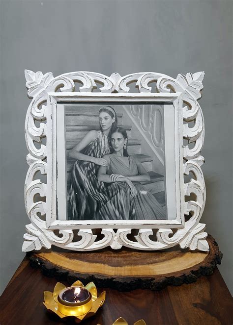 Get Single Table Top Wooden Carved Photo Frame in White Color (Photo ...