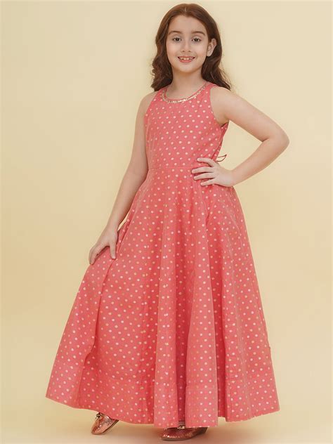 Bitiya by Bhama Girls Peach Woven Design Maxi Dress.