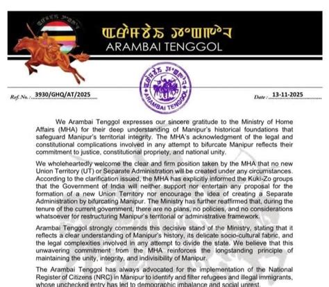 Arambai Tenggol Thanks MHA for Firm Stance Against Bifurcating Manipur ...