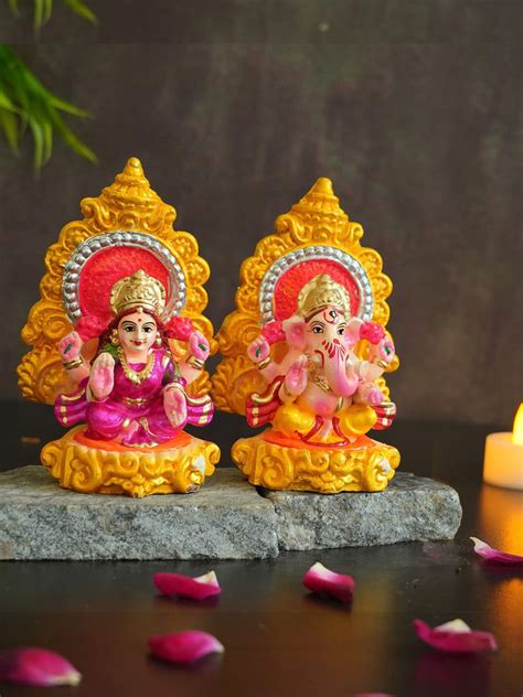 Buy | Set of 2 Gold-Toned and Orange Lord Laxmi Ganesha Idol Diwali ...