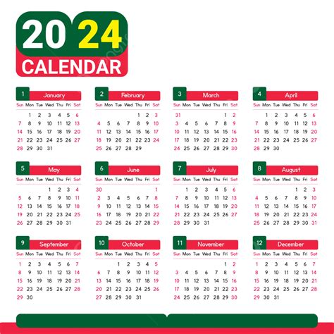 Calendar 2024 Green And Red Vector, New Year, 2023, Calendar PNG and ...