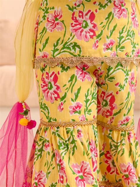 Buy Sha Yellow Pink Flower Sharara Set Online