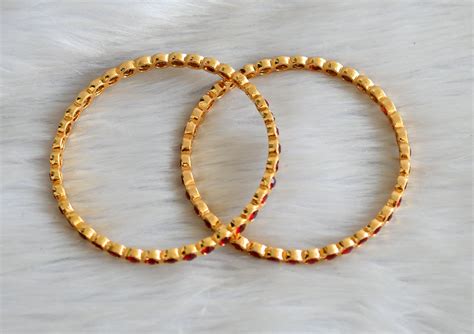 Gold tone maroon stone south Indian style bangles(2.4) dj-42110 ...