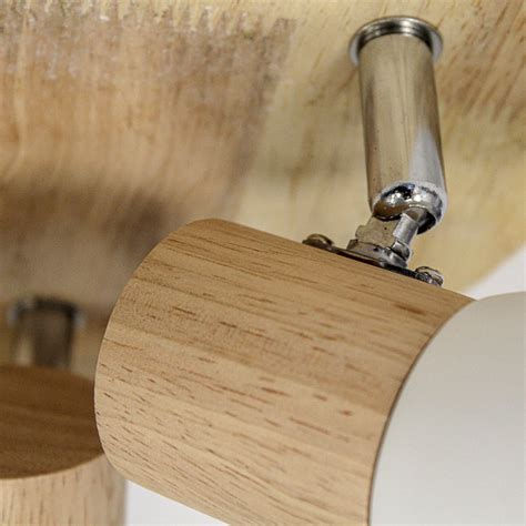 Lan round wooden ceiling lamp with 3 white spotlights for E14 bulbs.