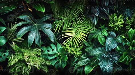 Tropical rainforest foliage plants bushes in tropical garden on black ...
