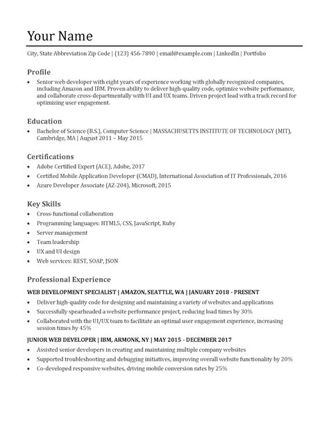 Image result for Example of Web Developer Resume