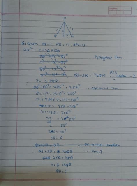 In triangle PQR, S is the midpoint of side QR. If PQ = 11, PR = 17, PS ...