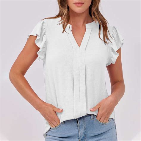 ALLLIST V Neck Tops for Ladies Summer Short Sleeve Blouse Plain Ruffle ...