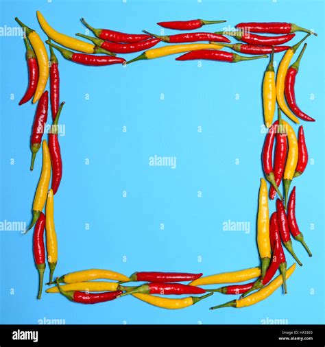 Red and yellow hot chili peppers on blue background in form of frame ...