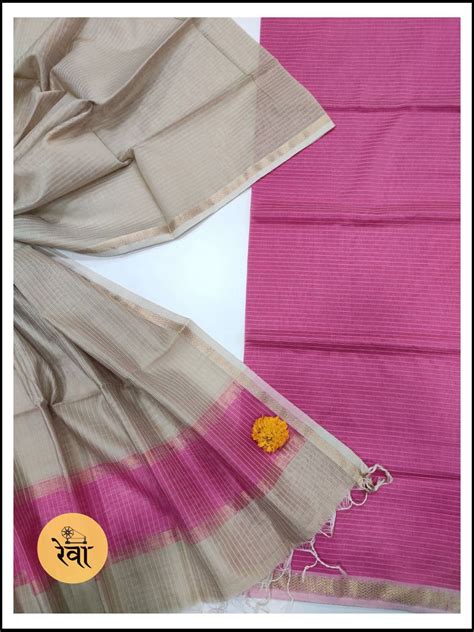 Maheshwari Pink-Grey Zari Border Dress Material – Rewa Handloom