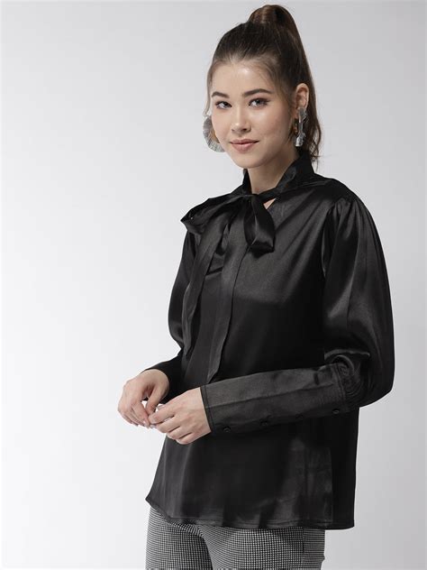 Women's Black Shirt with Long Cuff and attached Necktie – Stylestone