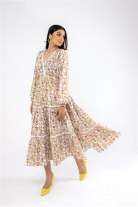 Tulip Garden - Hand Block Print Cotton Flare Long Dress