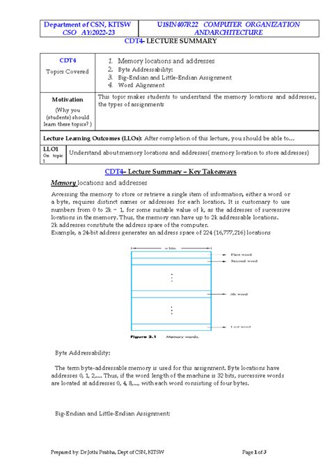 U18IN407R22: CDT4 Lecture Summary on Memory Locations & Addresses - Studocu