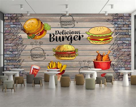 fast food icons cafe wallpaper for walls, food item on wood wallpaper ...