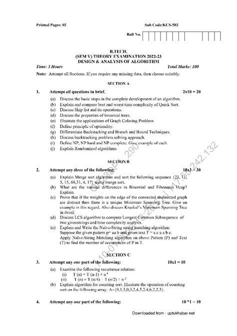 Design Analysis OF Algorithm KCS503 2022 - Printed Pages: 02 Sub Roll ...