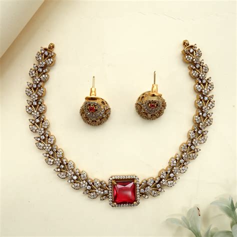 Diamond Look AD No Figure No Idol Square Pedant Leaf Vine Necklace Set