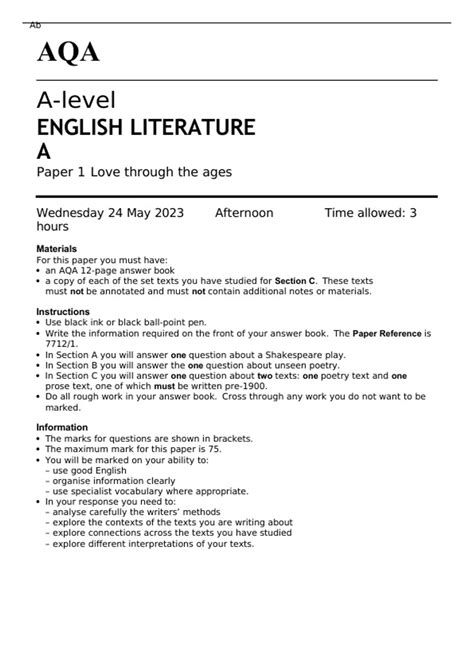 AQA A-level ENGLISH LITERATURE A Paper 1 QUESTION PAPER 2023: Love ...