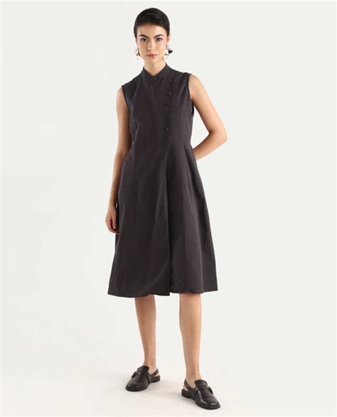 Rareism Women's Beniz Dark Brown Cotton High Neck Plain Sleeveless Mid