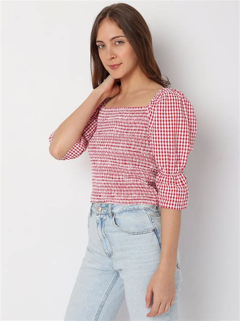 Red Check Smocked Top