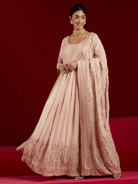 Buy Libas Art Peach Embroidered Georgette Anarkali Suit With Dupatta ...