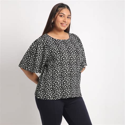 Black Floral Plus Size Bell Sleeves Textured Top by Calae | Sizes ...