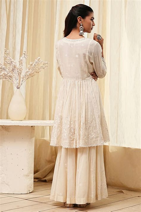 Buy Off-White Cotton Embroidered Flared Suit Set Online at Biba India