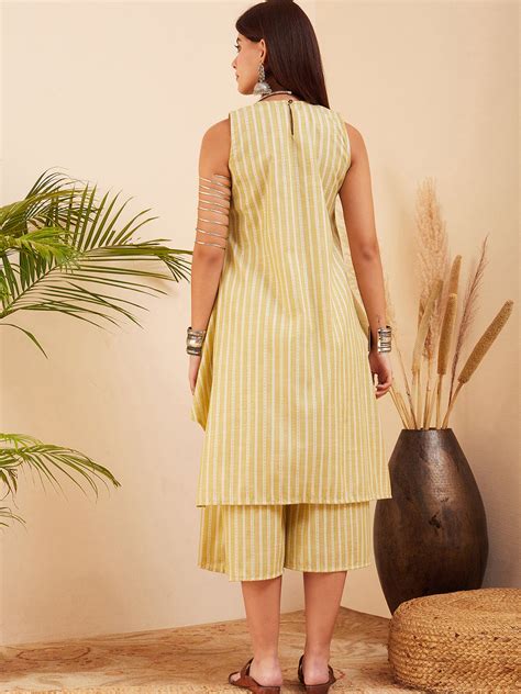 Light Yellow Lurex Kantha Mandarin Neck Kurta Palazzo Set