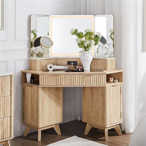 OKD Modern Fluted Corner Vanity Desk, 48" Corner Makeup Vanity Desk ...