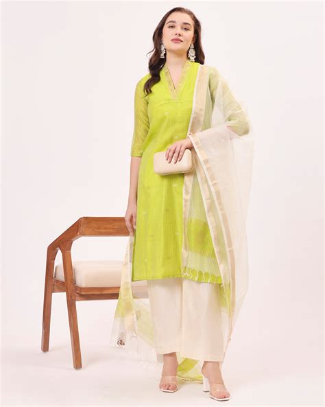 Lime Yellow Maheshwari Handwoven Silk and Cotton Suit Set With Organza