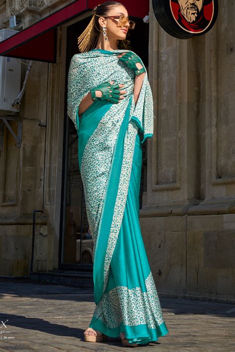Teal Printed Satin Crepe Saree – Maharanisaree