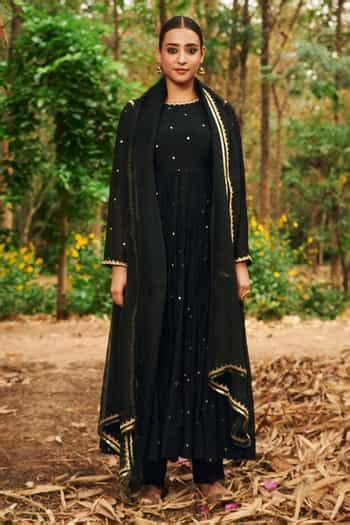 Buy Black Chanderi, Organza, Silk Mirrors, Gulkhaira Embroidered ...
