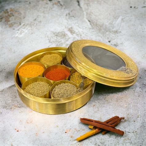 Brass Masala Dani Indian Spice Box with Brass and Glass Cover and Spoon ...