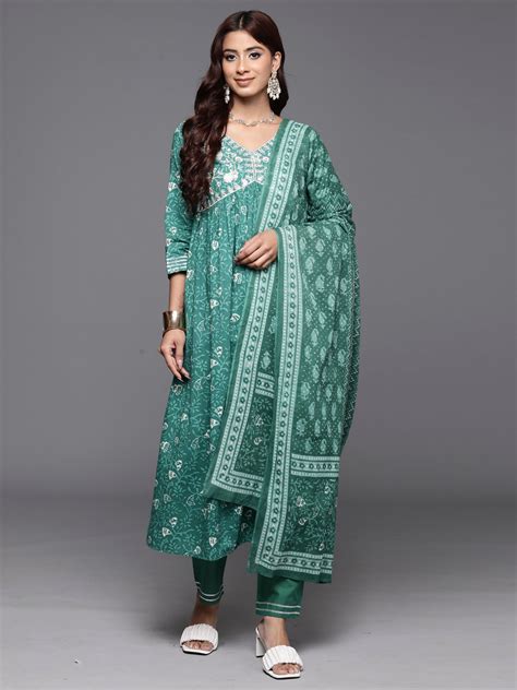 Indo Era Green Embroidered A-Line Kurta Trousers With Dupatta Set – indoera