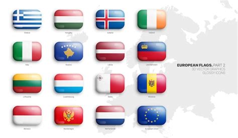 Alle offiziellen Flaggen europäischer Länder, 3D-Vektor, abgerundete ...