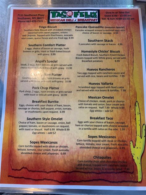 Menu at TACO FELIX 2 restaurant, Southaven