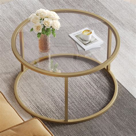 SAYGOER Small Glass Coffee Table Round Gold Coffee Table for Small ...