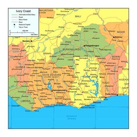 Political map of Ivory Coast with roads and major cities | Cote d ...