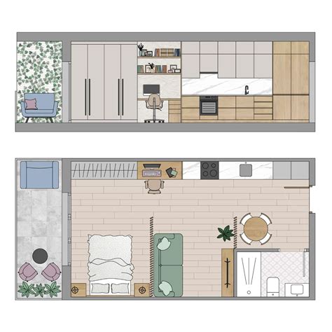 Small studio apartment floor plan and elevation views. Colorful ...