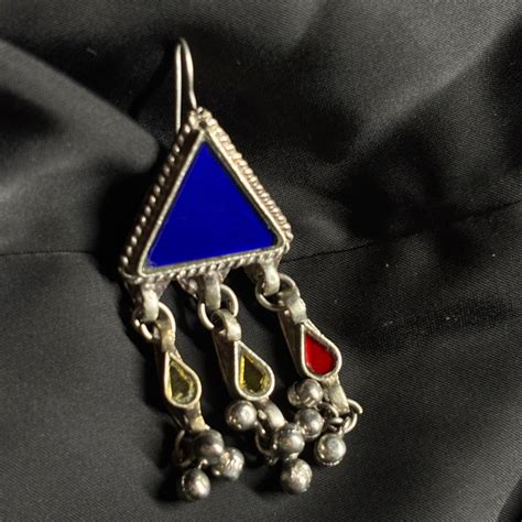 Tribal Oxidised Silver Triangle Dangler Earrings – Multi-Color Mirror ...