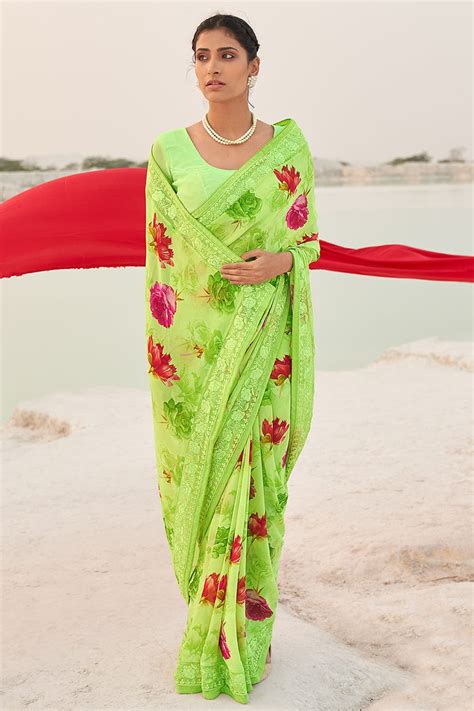 Buy Lawn Green Georgette Saree online-Karagiri