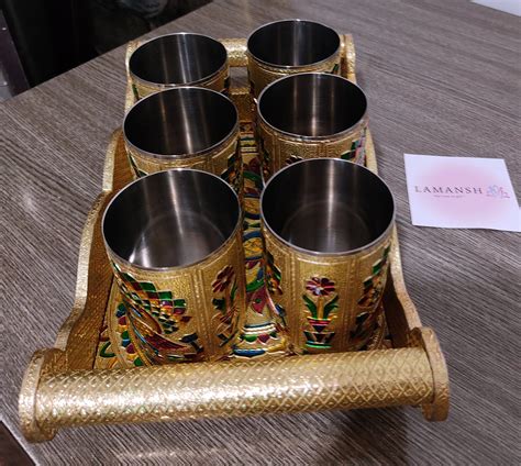LAMANSH® Meenakari Tray & Glasses set for Wedding Favors & Return Gift ...
